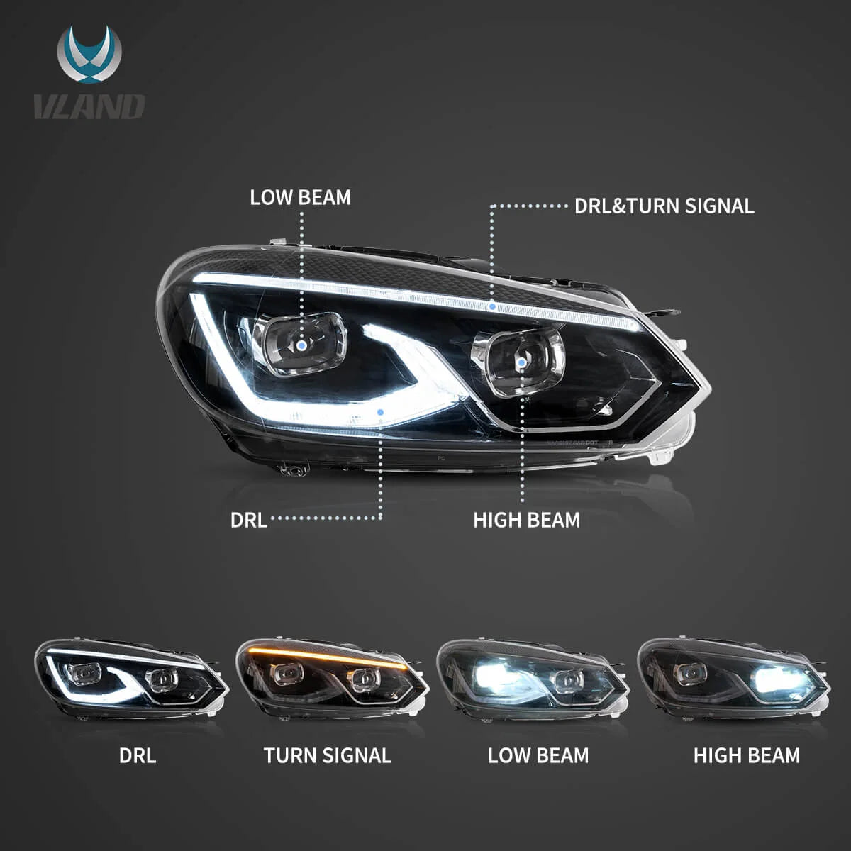 08-14 VW Golf Mk6 Vland LED Dual Beam Projector Aftermarket Headlights Black[E-mark] Brand: VLAND™