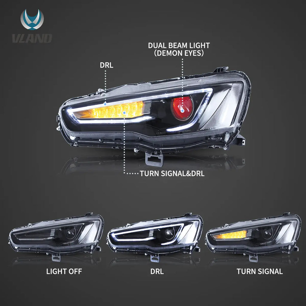08-17 Mitsubishi Lancer / Evo X Vland Dual Beam Projector Headlights with Demon Eyes Black