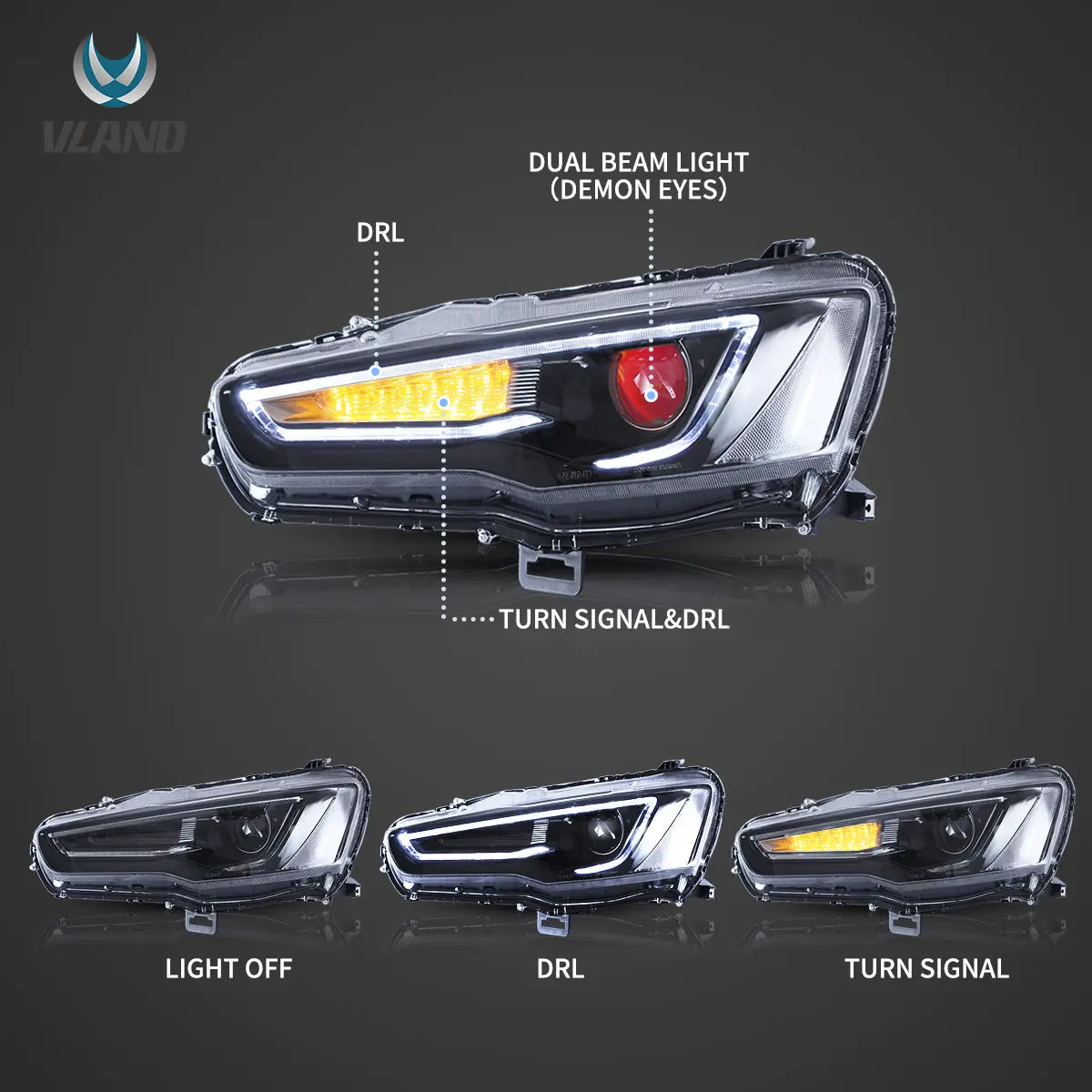 08-17 Mitsubishi Lancer / Evo X Vland Dual Beam Projector Headlights with Demon Eyes Black