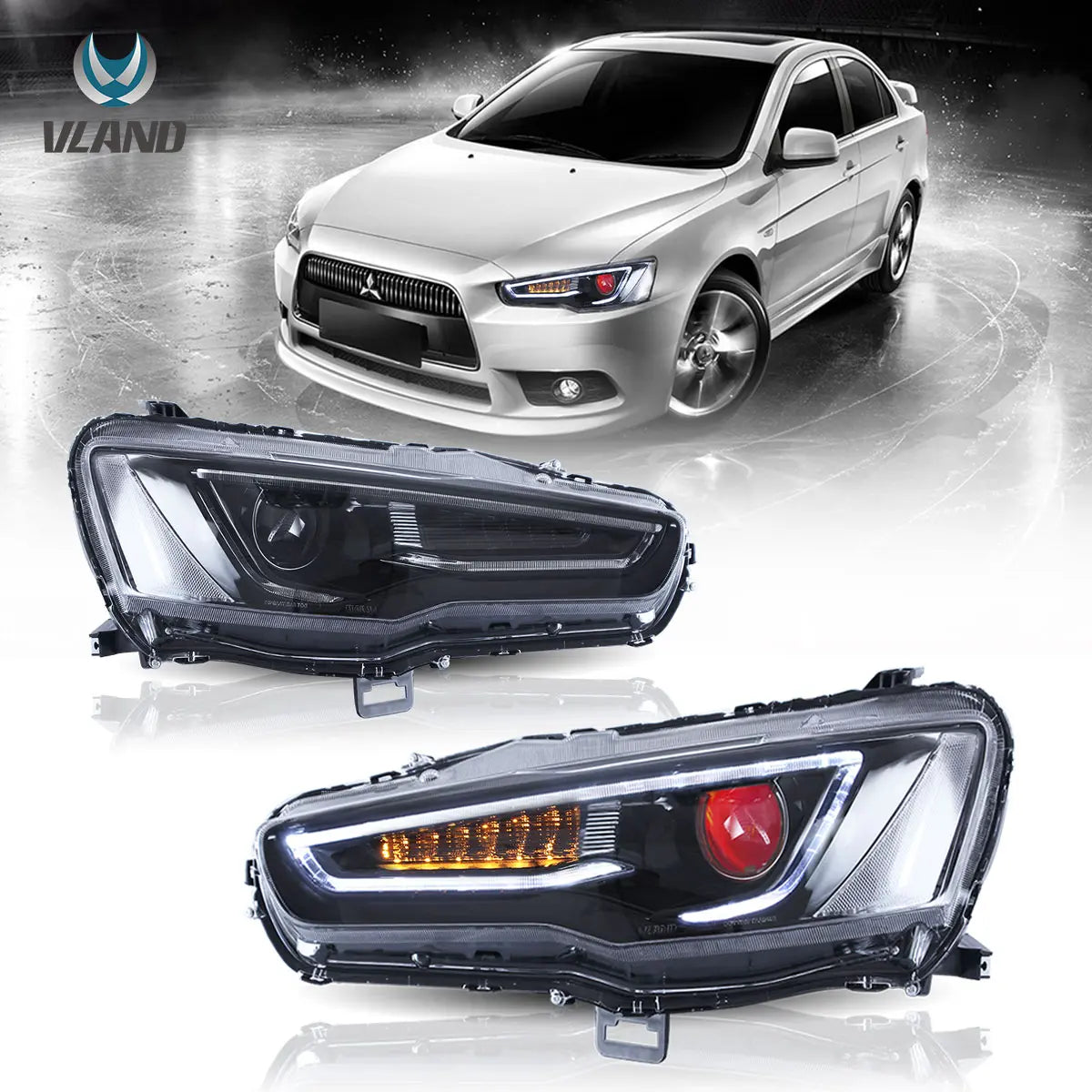 08-17 Mitsubishi Lancer / Evo X Vland Dual Beam Projector Headlights with Demon Eyes Black
