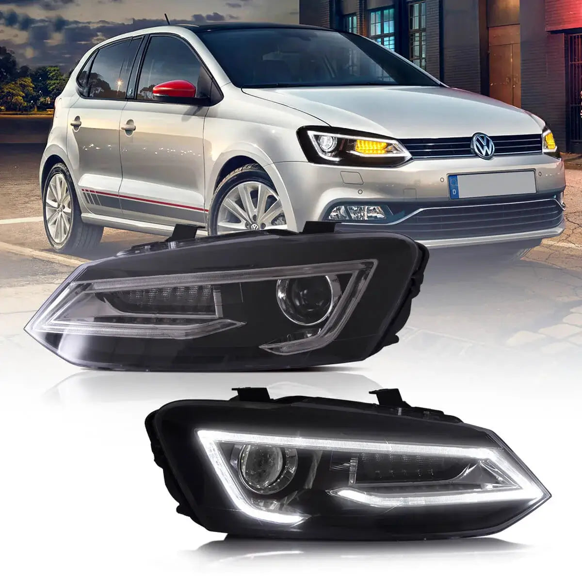 09-17 VW Polo MK5 Vland Dual Beam Projector Aftermarket Headlights With Demon Eyes Black E-mark
