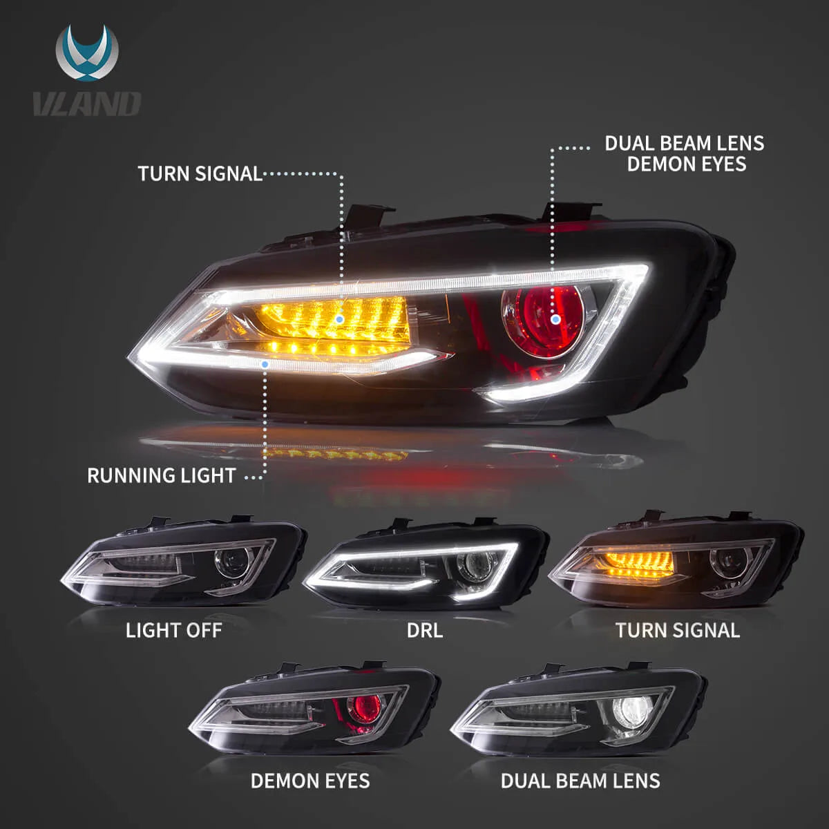 09-17 VW Polo MK5 Vland Dual Beam Projector Aftermarket Headlights With Demon Eyes Black E-mark
