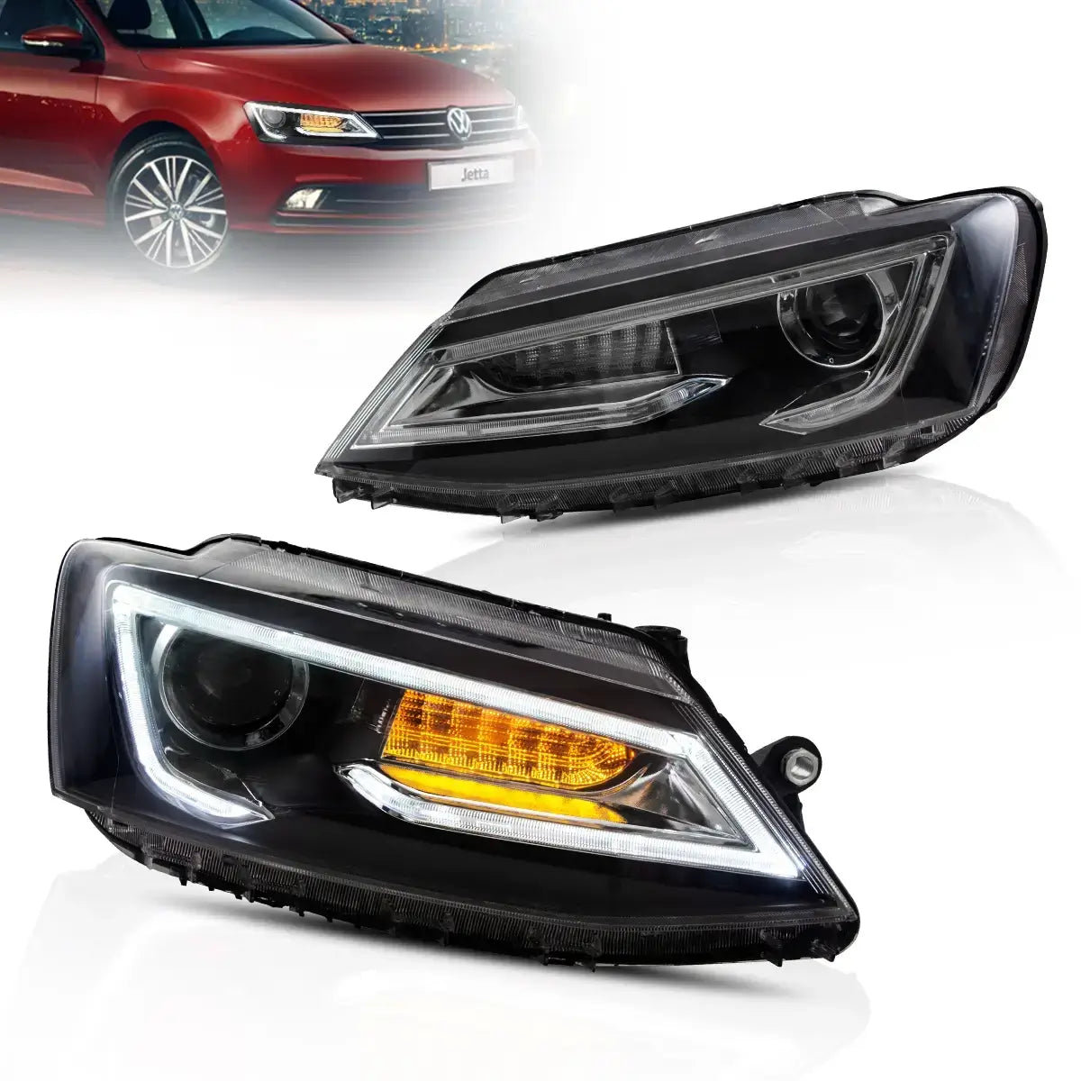 10-18 VW Jetta MK6 Vland Dual Beam Projector Aftermarket Headlights Black With Red Demon Eyes E-mark