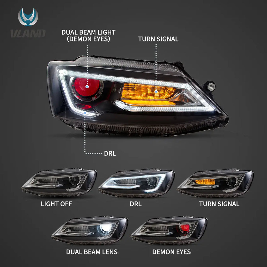 10-18 VW Jetta MK6 Vland Dual Beam Projector Aftermarket Headlights Black With Red Demon Eyes E-mark
