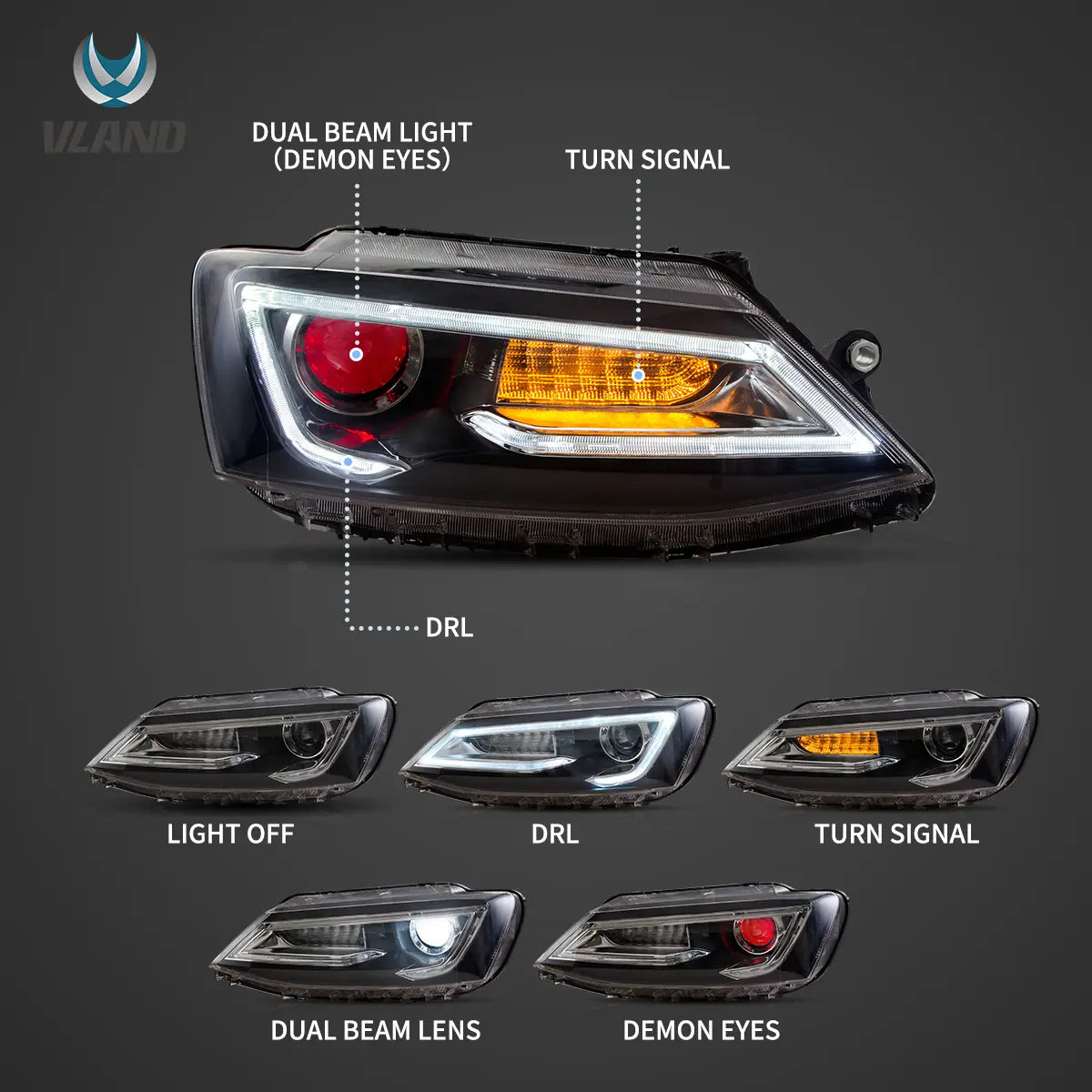 10-18 VW Jetta MK6 Vland Dual Beam Projector Aftermarket Headlights Black With Red Demon Eyes E-mark