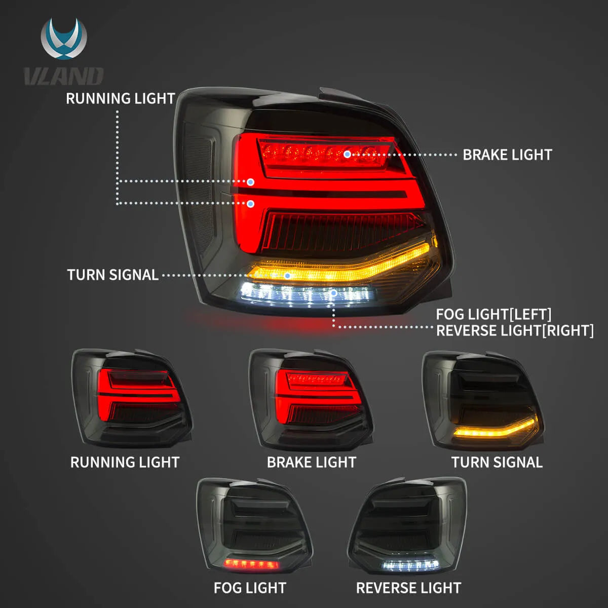 09-17 VW Polo MK5 Vland LED Aftermarket Tail Lights With Sequential Turn Signal [E-mark]