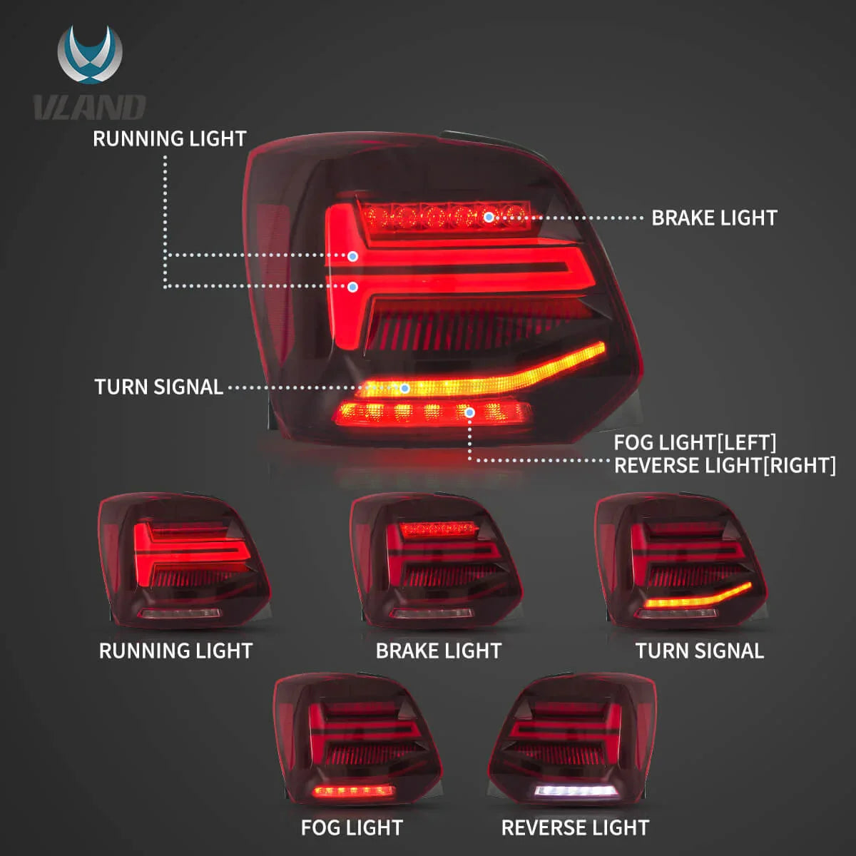 09-17 VW Polo MK5 Vland LED Aftermarket Tail Lights With Sequential Turn Signal [E-mark]