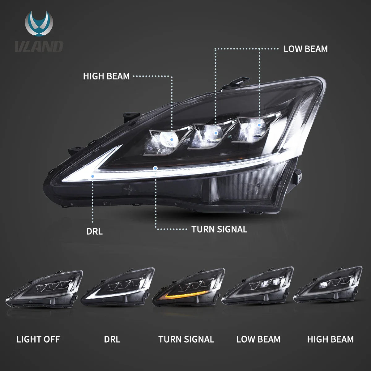 06-12 Lexus IS250/IS250C/IS350/IS220d & 08-14 ISF(XE20) Vland Matrix Projector Headlights E-mark
