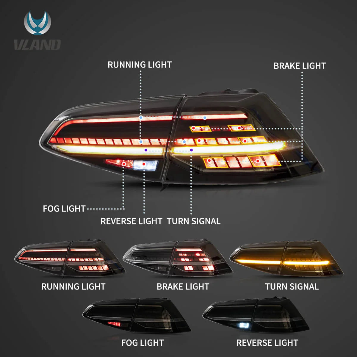 13-21 VW Golf MK7 MK7.5 Hatchback Vland LED Tail Lights [E-mark]