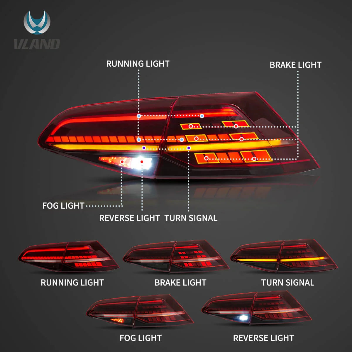 13-21 VW Golf MK7 MK7.5 Hatchback Vland LED Tail Lights [E-mark]