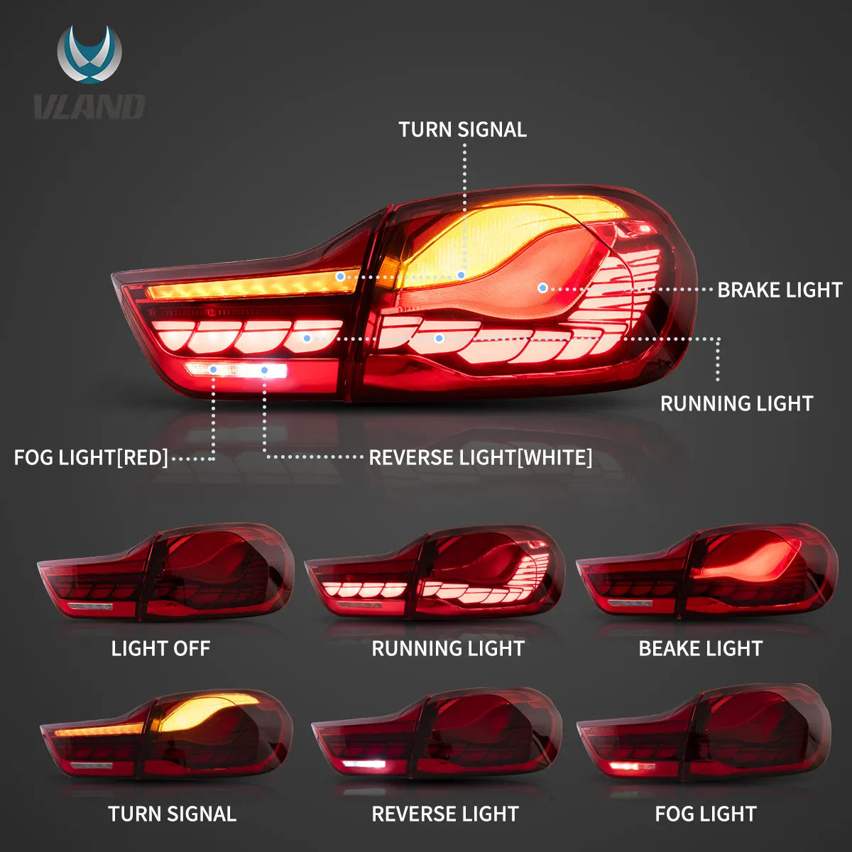 14-20 BMW 4 Series F32 F33 F36 / M4 F82 F83 Vland LED Tail Lights With GTS Style [E-mark]